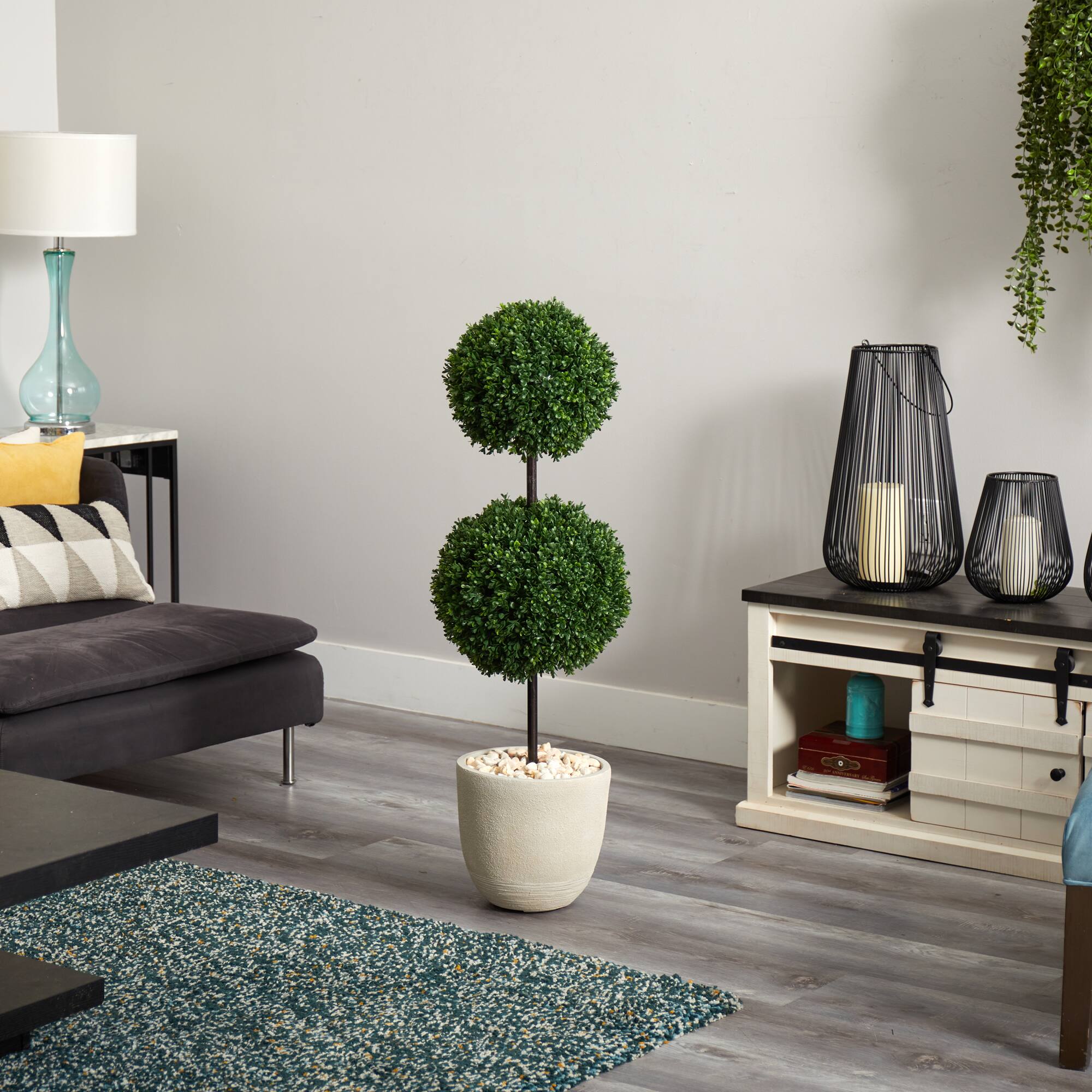 4ft. UV Resistant Boxwood Double Ball Topiary Artificial Tree in Oval Planter